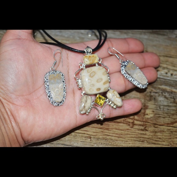 Agatized Fossil Coral Pendant & Earrings Set - Picture 5 of 6
